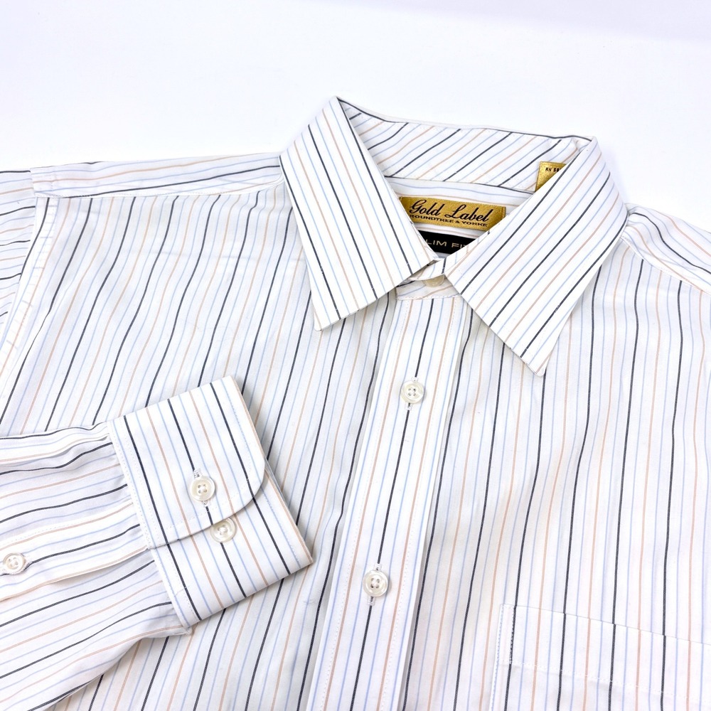 Roundtree & Yorke Gold Label Mens Slim‎ Fit Pinstripe Dress Shirt White Blue L